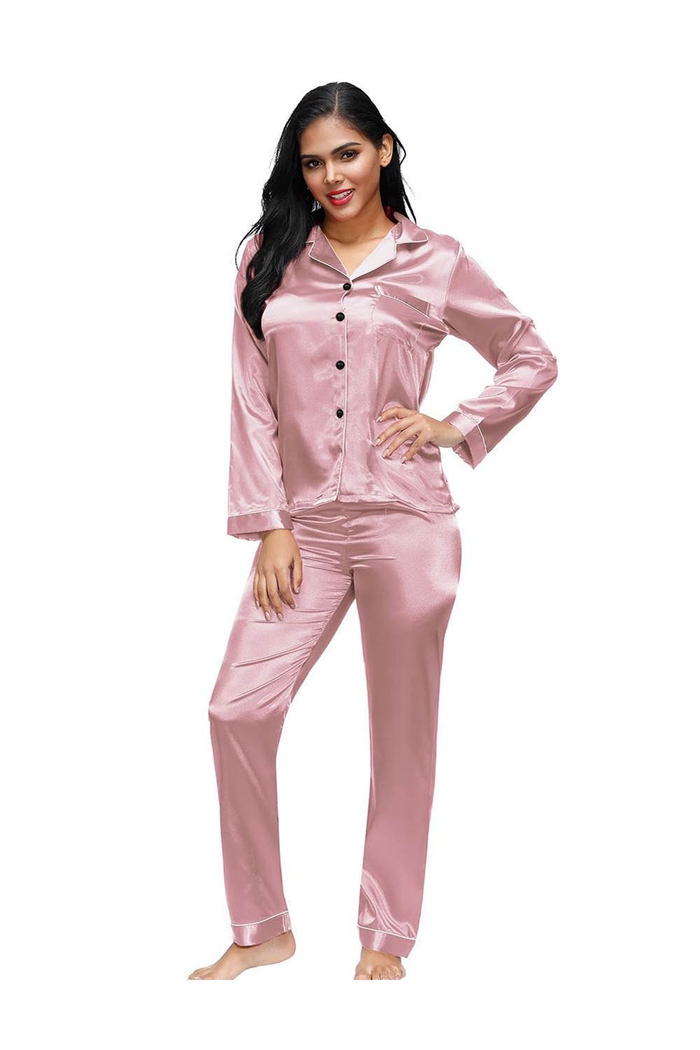 Billede af Satin natskjorte & pyjames bukser sæt, pink